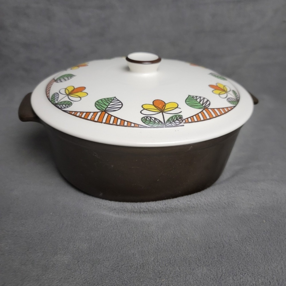 Vtg Flame Chef Japan Stoneware Casserole w/Trivet Lid Floral Design MCM  A-16